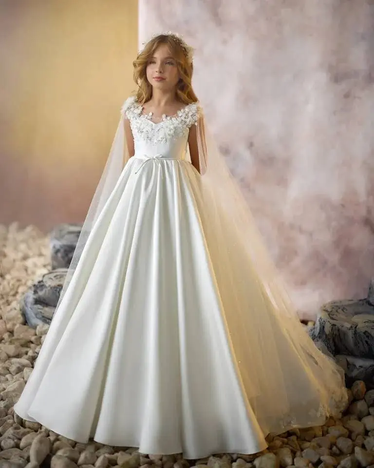 Robe de Demoiselle d'honneur Scintillante pour Mariage, avec Cape en Tulle, avec des Appliques Bouffantes en Satin, Robes de Première Communion élégantes pour Fête d'anniversaire pour Enfants