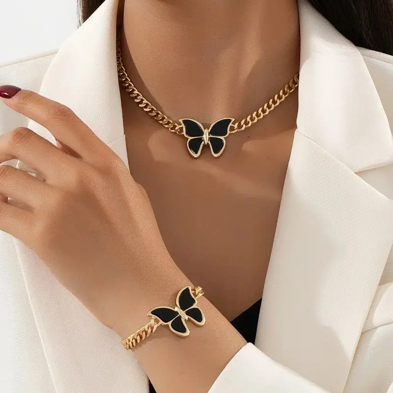 Ensemble de Bijoux Collier & Bracelet pour Femmes (Noir)